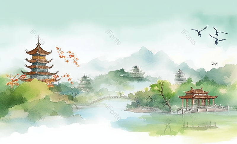 中国风水彩风格古风风景插画黄鹤楼,插画/手绘图,插画/手绘图库,插画/手绘图下载,插画/手绘